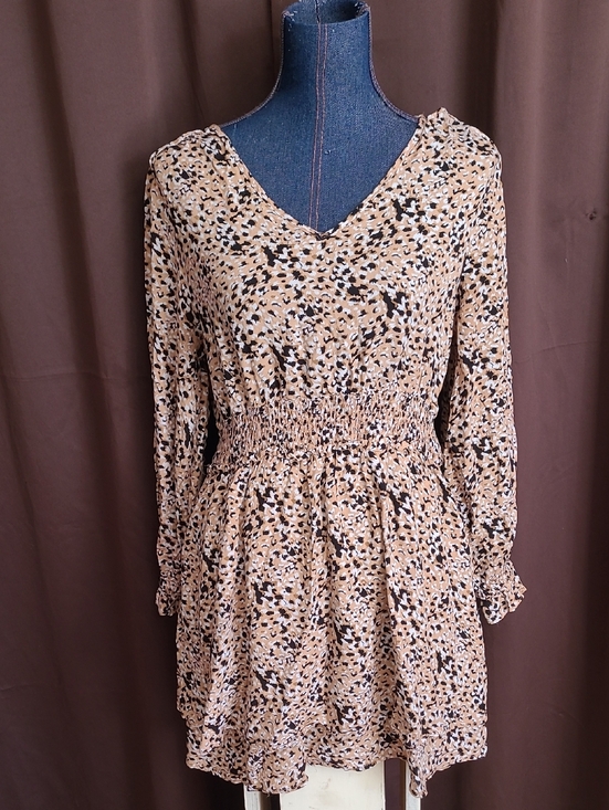 JODIFL Dresses & Skirts - JODIFL Beige/Black/White Smocked Waist V-Neck Long Sleeve Dress